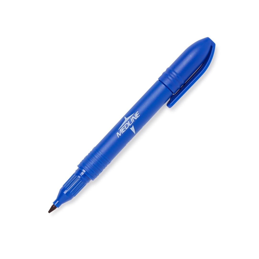 A Medline Nonsterile Mini Skin Marker with a fine tip, clip-on cap, and translucent section near the tip is shown in blue against a white background.